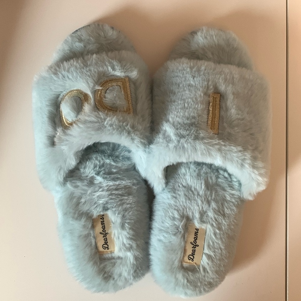 Dearfoams I DO light blue slippers bridal